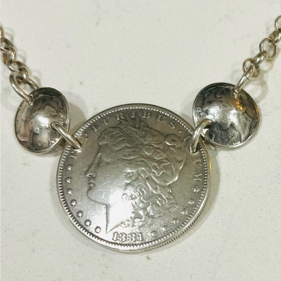 1881-O US Morgan Silver Dollar Coin Plus 2 Dimes in Sterling Silver 18" Necklace - Picture 1 of 12